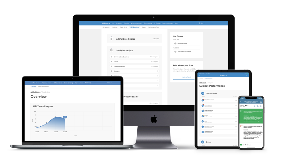 BarMax MBE question bank displayed on iPhone, iPad, and MacBook showing responsive design and seamless sync across devices